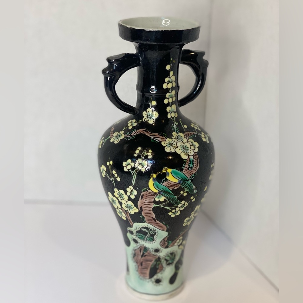 Famille Noire Chinese Prunis Blossoms Vase Double Handle